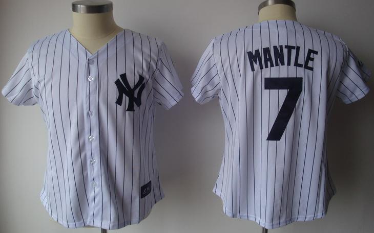 Women New York Yankees 7 Mickey Mantle White(Black Strip)Jersey