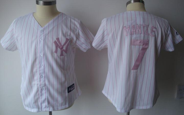 Cheap Women New York Yankees 7 Mickey Mantle White(Pink Strip)Jersey