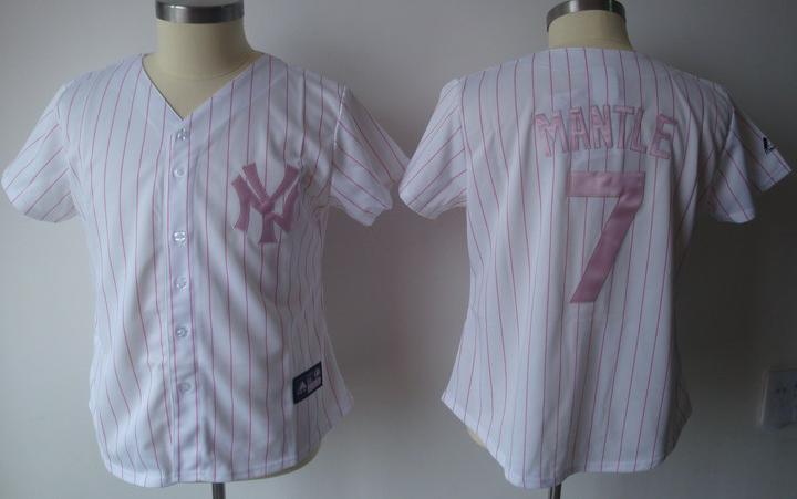 Women New York Yankees 7 Mickey Mantle White(Pink Strip)Jersey