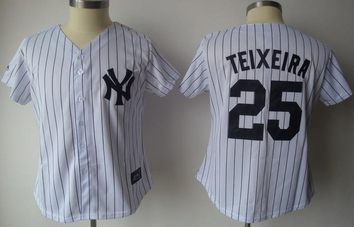 Cheap Women New York Yankees 25 Mark Teixeira White(Black Strip)Jersey