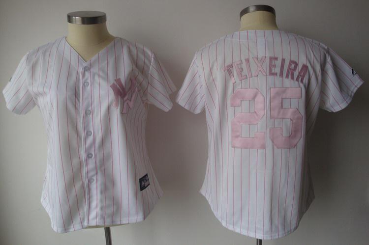 Cheap Women New York Yankees 25 Mark Teixeira White(Pink Strip)Jersey