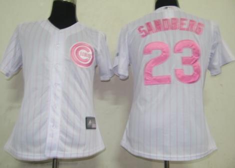 Cheap Women Chicago Cubs 23 Sandberg White(Pink Strip)Jersey
