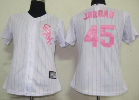 Women Chicago White Sox 45 Jordan White(Pink Strip)Jersey