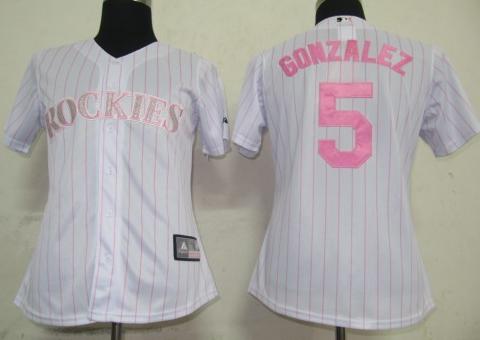 Cheap Women Colorado Rockies 5 Gonzalez White(Pink Strip)Jersey