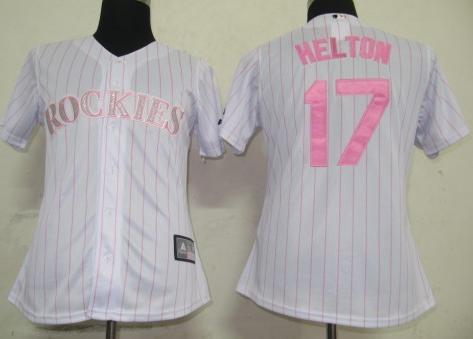 Women Colorado Rockies 17 Helton White(Pink Strip)Jersey