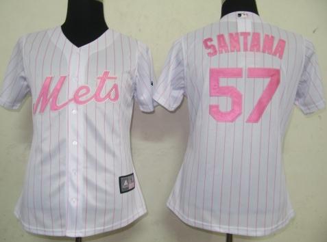 Women New York Mets 57 Santan White (Pink Strip) MLB Jersey