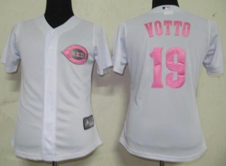 Women Cincinnati Reds 19 Votto White Jersey Pink Number
