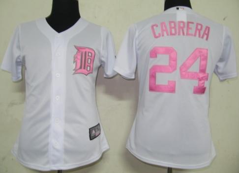 Women Detroit Tigers 24 Cabrera White Jersey Pink Number