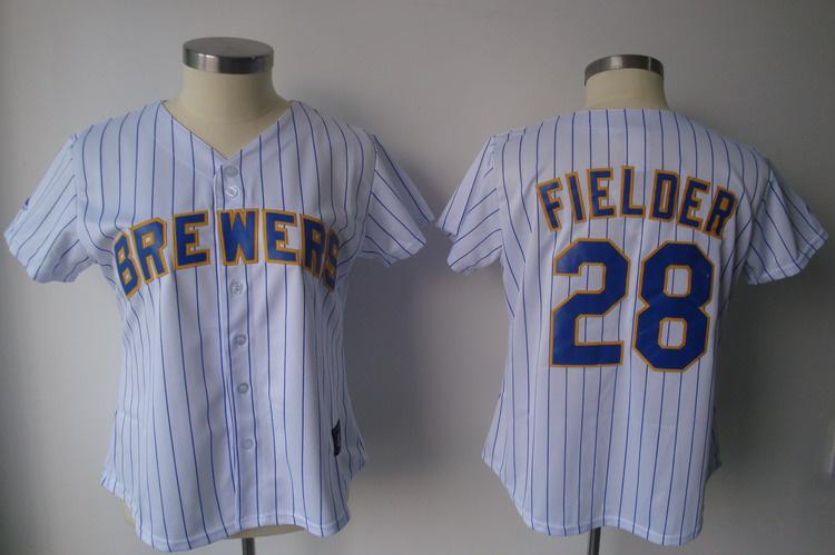 Women Milwaukee Brewers 28 Prince Fielder White(Blue Stripe)Jersey