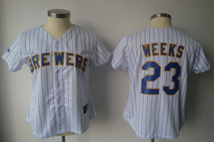 Women Milwaukee Brewers 23 Weeks White(Blue Strip)MLB Jersey Women Milwaukee Brewers 23 Weeks White(Blue Strip)MLB Jersey