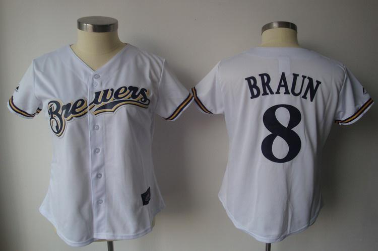 Women Milwaukee Brewers 8 Ryan Braun White MLB Jersey