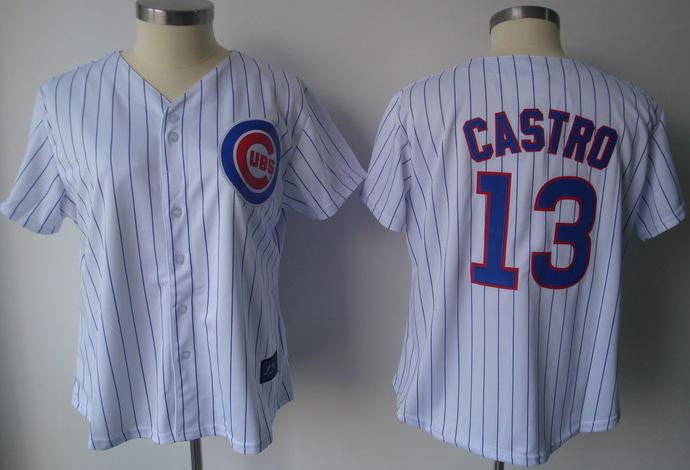 Women Chicago Cubs 13 Castro White(Blue Stripe)Jersey