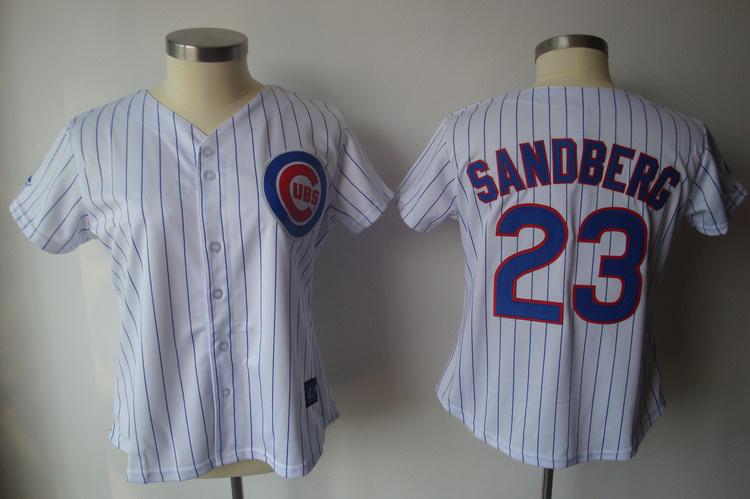 Cheap Women Chicago Cubs 23 Sandberg White(Blue Strip)MLB Jersey