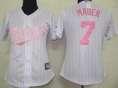 Women Minnesota Twins 7 Mauer White (Pink Strip) Jersey