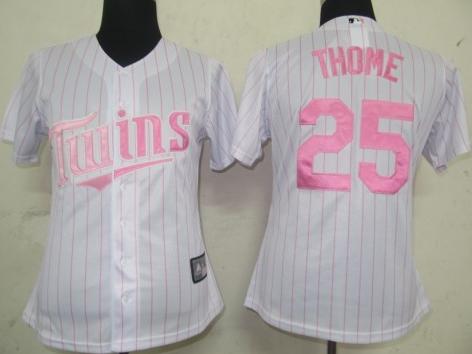 Women Minnesota Twins 25 Thome White (Pink Strip) Jersey