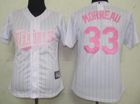 Cheap Women Minnesota Twins 33 Morneau White (Pink Strip) Jersey