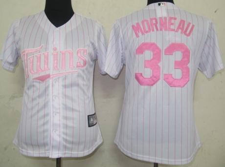 Women Minnesota Twins 33 Morneau White (Pink Strip) Jersey