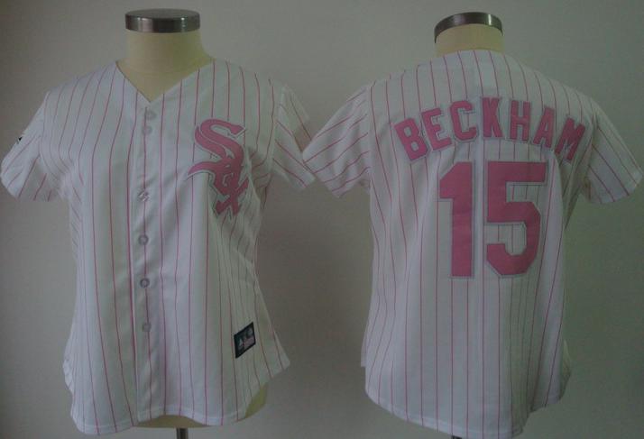 Women Chicago White Sox 15 Gordon Beckham White(Pink Strip)Jersey