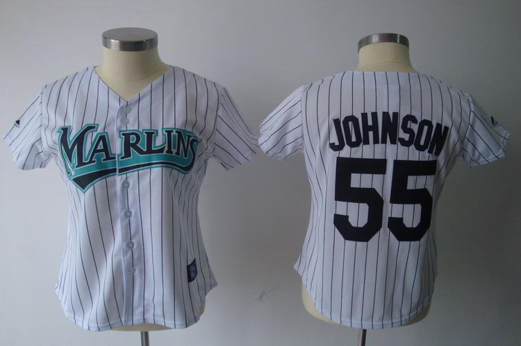 Women Florida Marlins 55 Johnson White Jersey