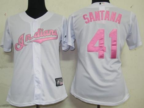 Cheap Women Cleveland Indians 41 Santana White Pink Number Jersey