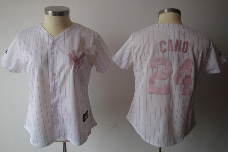Women New York Yankees 24 Robinson Cano White Pink Strip Jersey