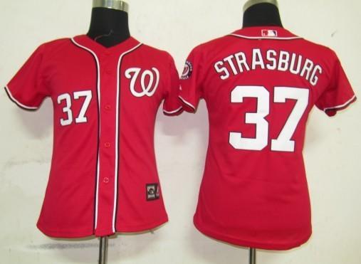 Women Washington Nationals 37 Strasburg Red Jersey