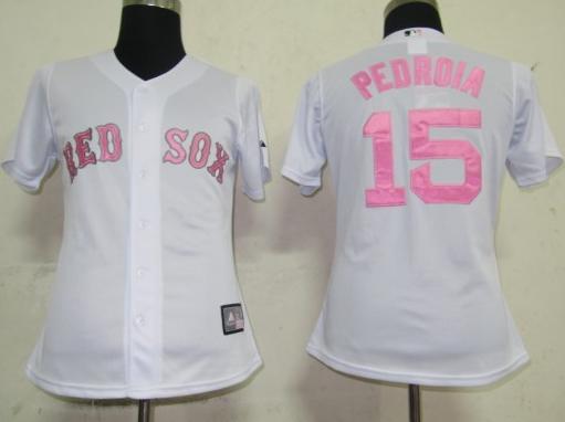 Women Boston Red Sox 15 Pedroia White Pink Number Jerseys