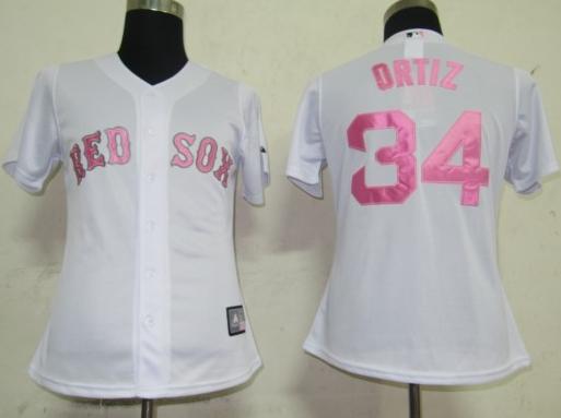 Women Boston Red Sox 34 Ortiz White Pink Number Jerseys
