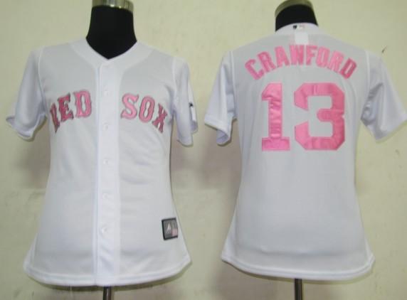 Women Boston Red Sox 13 Crawford White Pink Number Jerseys