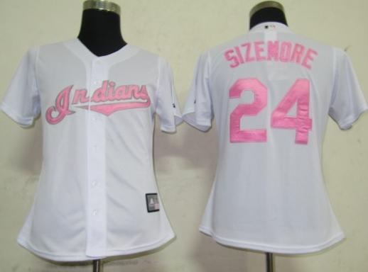 Women Cleveland Indians 24 Sizemore White Pink Number Jerseys