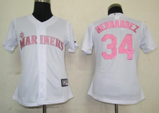 Women Seattle Mariners 34 Hernandez White MLB Jerseys Pink Number