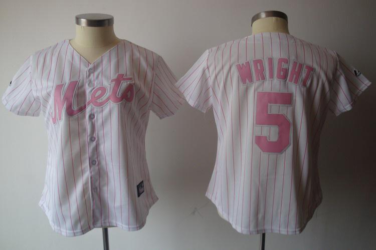 Women New York Mets 5 David Wright White Pink Pinstripe MLB Jerseys