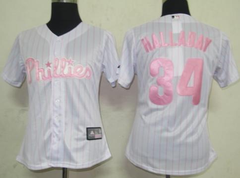 Women Philadephia Phillis 34 Halladay White Pink Strip Jersey