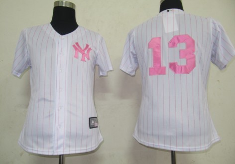 Cheap Women New York Yankees 13 Alex Rodriguez White(Pink Strip)Jersey