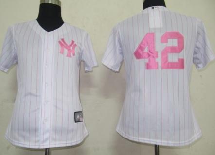 Cheap Women New York Yankees 42 Mariano Rivera White(Pink Strip)Jersey