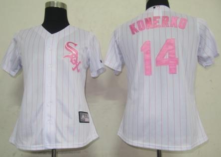 Women Chicago White Sox 14 Paul Konerko White(Pink Strip)Jersey