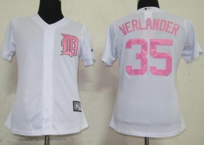 Women Detroit Tigers 35 Verlander White MLB Jerseys Pink Number