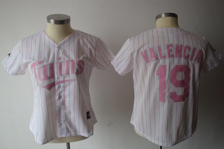 Cheap Women Minnesota Twins 19 Danny Valencia White Pink Strip Jersey