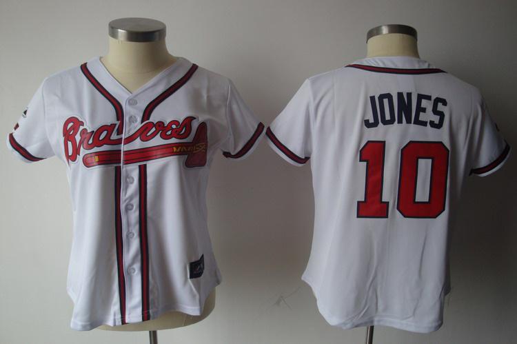 Women Atlanta Braves 10 Chipper Jones White MLB Jerseys