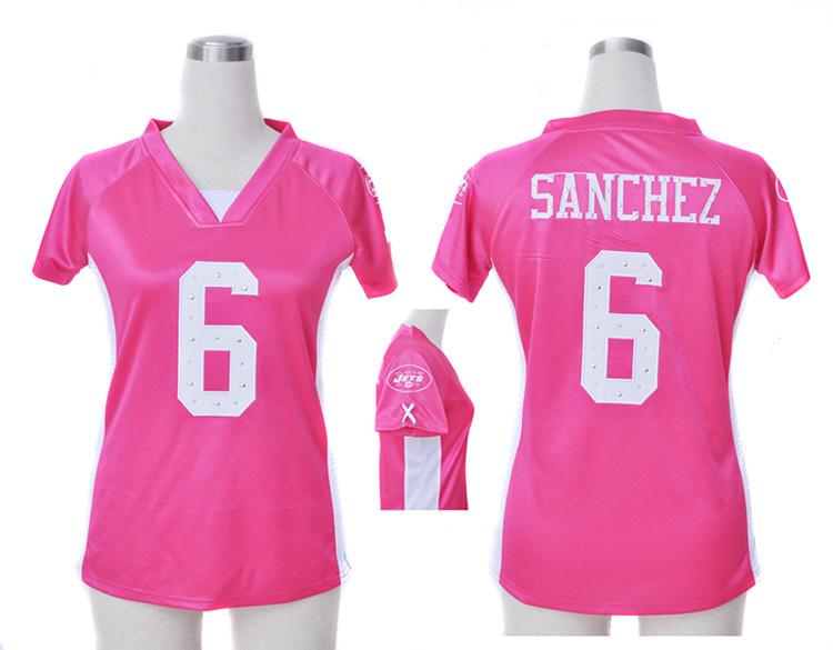 Cheap Women Nike New York Jets 6# Mark Sanchez Pink Womens Draft Him II Top Jerseys