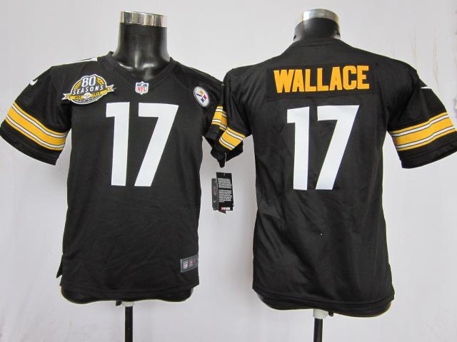 Kids Nike Pittsburgh Steelers #17 Mike Wallace Black NFL Jerseys W 80TH Patch Cheap