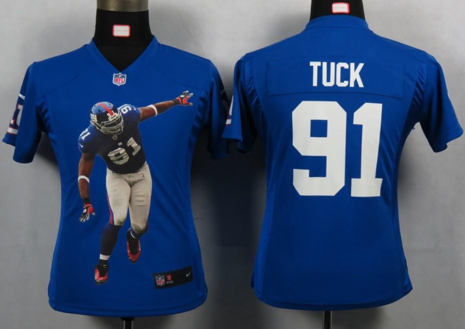 Cheap Women Nike New York Giants 91 Tuck Blue Portrait Fashion Game Jerseys
