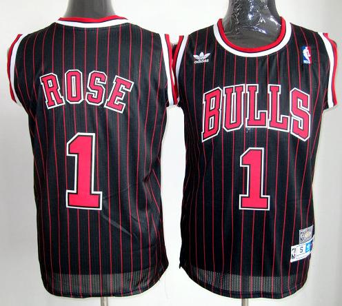 Kids Chicago Bulls 1 Derrick Rose Black Red Strip NBA Jerseys Cheap