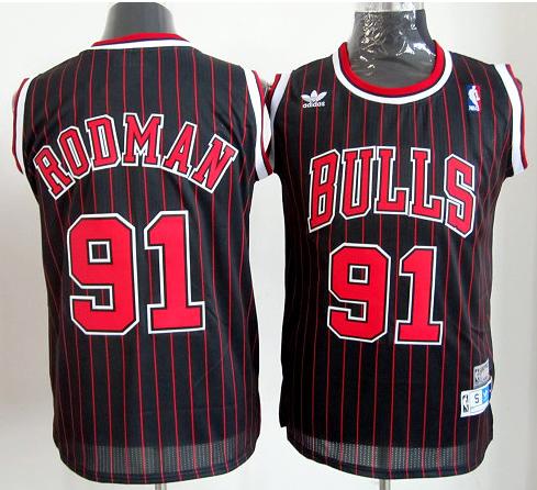 Kids Chicago Bulls 91 Dennis Rodman Black Red Strip NBA Jerseys Cheap