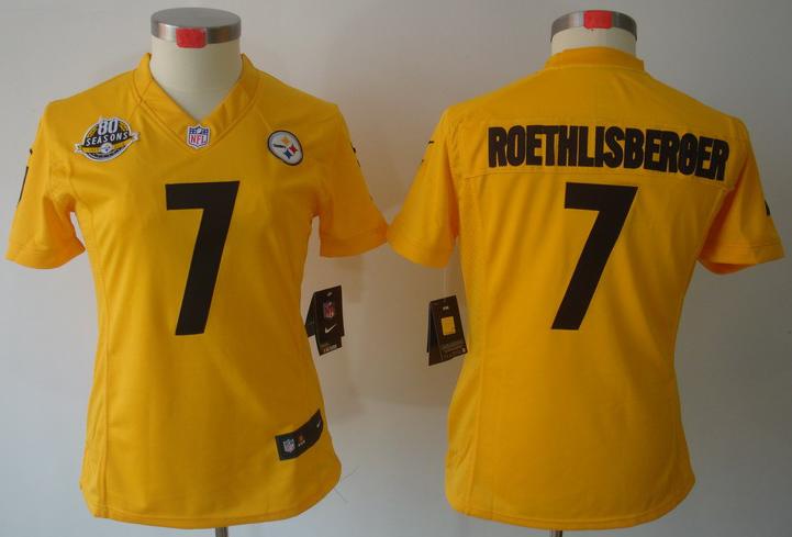 Cheap Women Nike Pittsburgh Steelers #7 Ben Roethlisberger Yellow Game LIMITED NFL Jerseys 80TH Patch