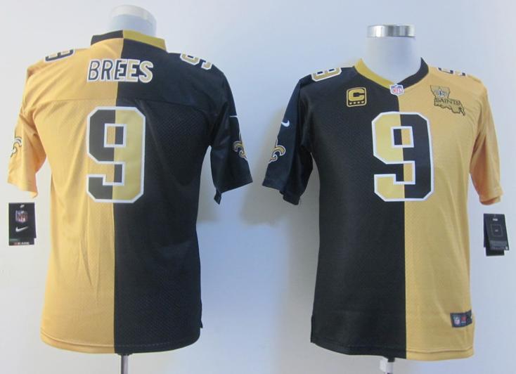 Kids Nike New Orleans Saints 9 Drew Brees Black Gold Split NFL Jerseys Cheap
