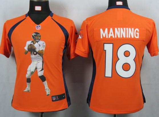Cheap Women Nike Denver Broncos 18 Manning Orange Portrait Fashion Game Jersey