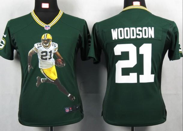 Cheap Women Nike Green Bay Packers 21 Woodson Green Portrait Fashion Game Jersey