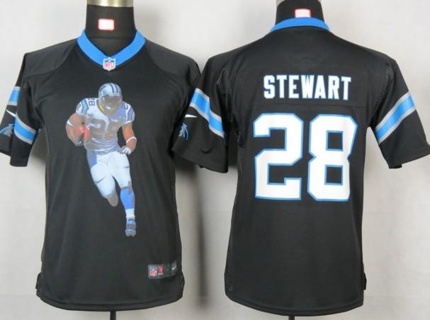 Kids Nike Carolina Panthers 28 Stewart Black Portrait Fashion Game Jersey Cheap