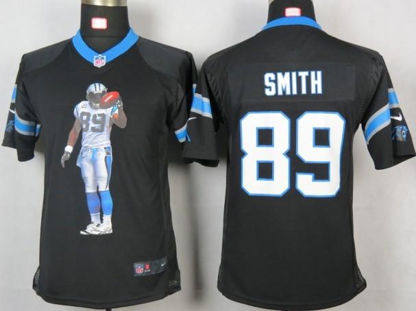 Kids Nike Carolina Panthers 89 Smith Black Portrait Fashion Game Jersey Cheap